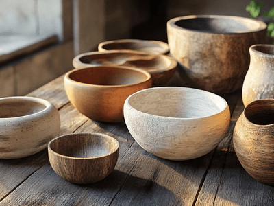 Ciotole e vasi in materiali naturali: legno, pietra e argilla